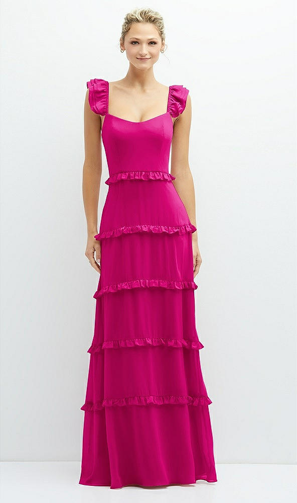 Front View - Think Pink Tiered Chiffon Maxi A-line Dress with Convertible Ruffle Straps