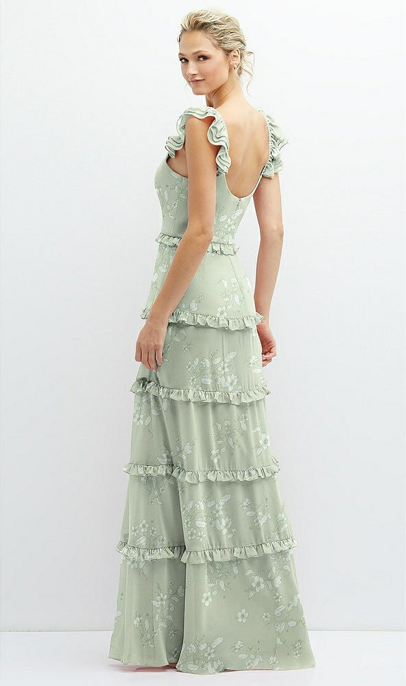 Back View - Vintage Primrose Sage Tiered Chiffon Maxi A-line Dress with Convertible Ruffle Straps