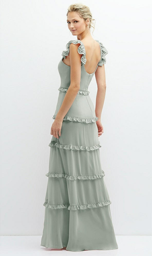 Back View - Willow Green Tiered Chiffon Maxi A-line Dress with Convertible Ruffle Straps