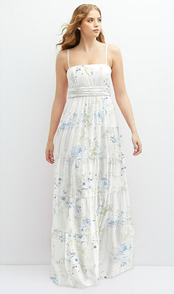 Front View - Bleu Garden Modern Regency Chiffon Tiered Maxi Dress with Tie-Back