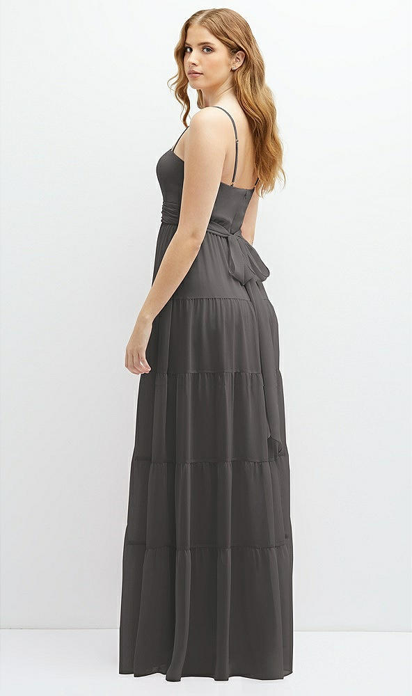 Back View - Caviar Gray Modern Regency Chiffon Tiered Maxi Dress with Tie-Back