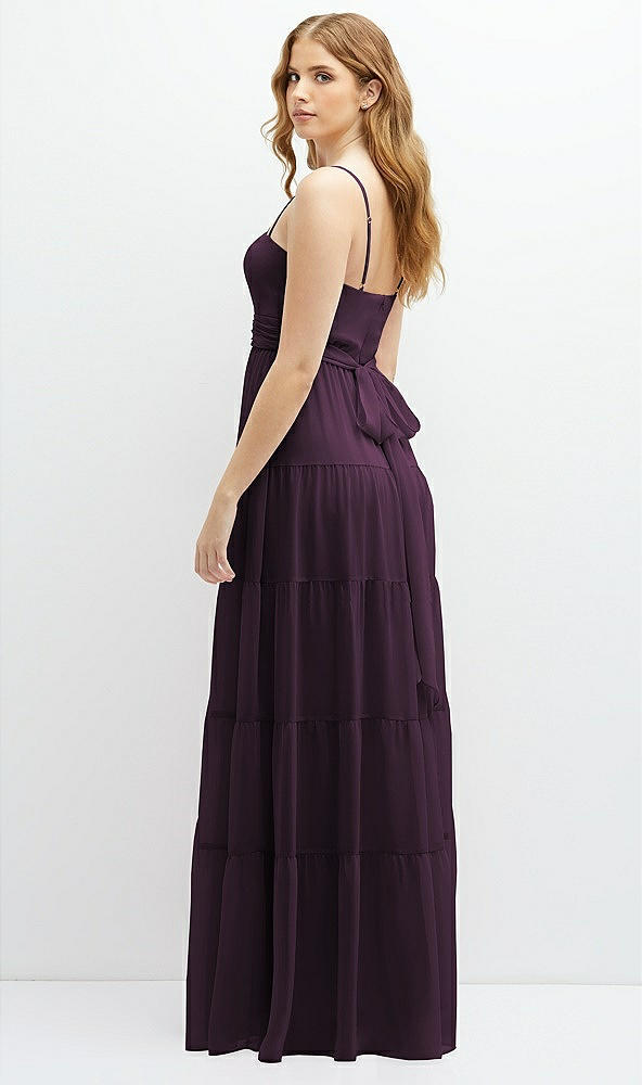 Back View - Aubergine Modern Regency Chiffon Tiered Maxi Dress with Tie-Back