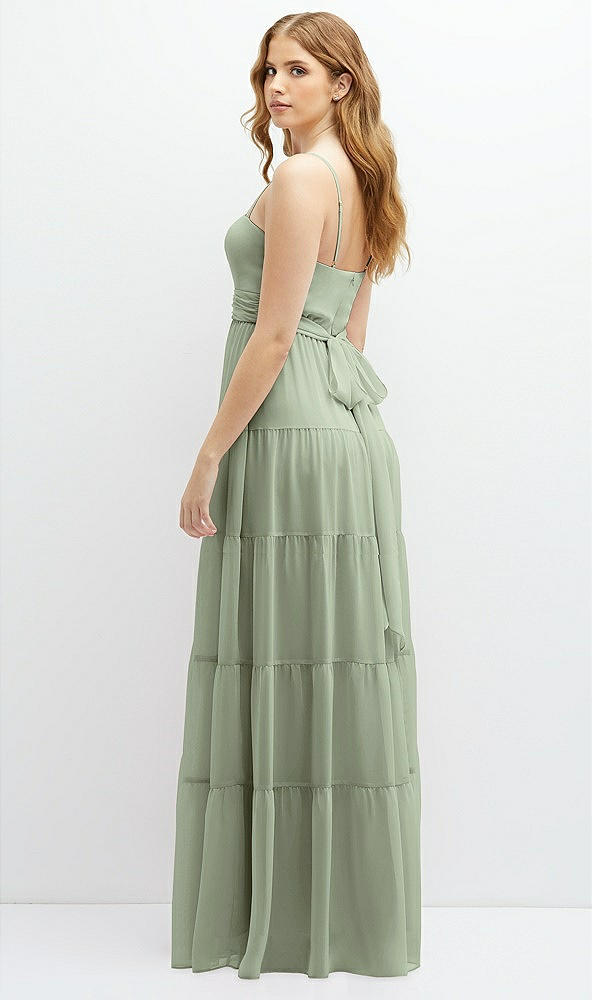 Back View - Sage Modern Regency Chiffon Tiered Maxi Dress with Tie-Back