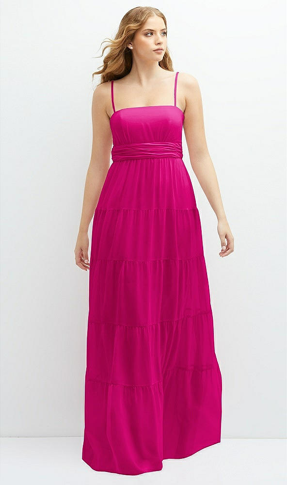 Front View - Think Pink Modern Regency Chiffon Tiered Maxi Dress with Tie-Back