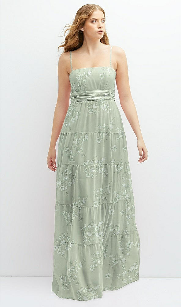 Front View - Vintage Primrose Sage Modern Regency Chiffon Tiered Maxi Dress with Tie-Back