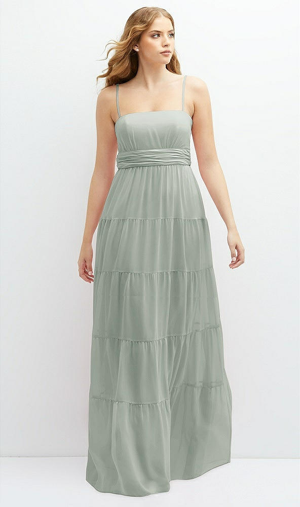 Front View - Willow Green Modern Regency Chiffon Tiered Maxi Dress with Tie-Back