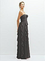 Side View Thumbnail - Caviar Gray Strapless Vertical Ruffle Chiffon Maxi Dress with Flower Detail