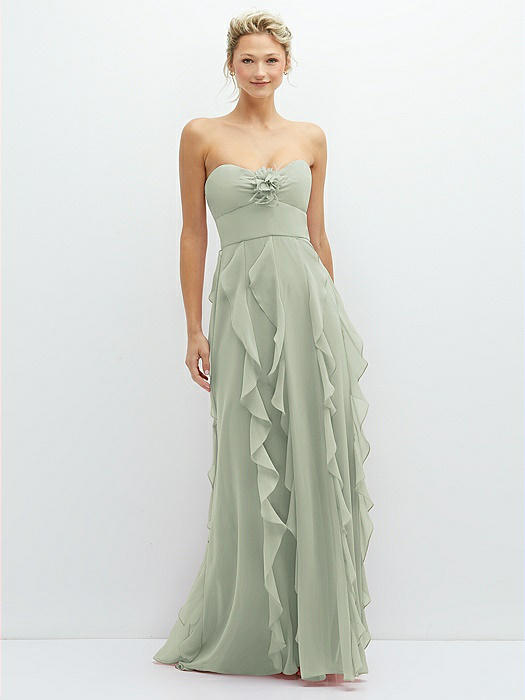 Strapless Vertical Ruffle Chiffon Maxi Dress with Flower Detail