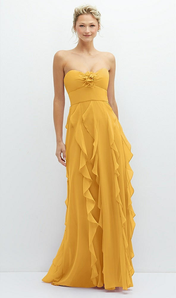 Front View - NYC Yellow Strapless Vertical Ruffle Chiffon Maxi Dress with Flower Detail