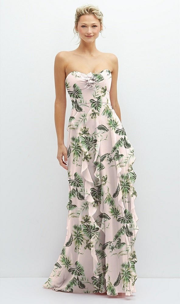 Front View - Palm Beach Print Strapless Vertical Ruffle Chiffon Maxi Dress with Flower Detail