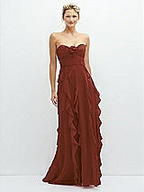 Front View Thumbnail - Auburn Moon Strapless Vertical Ruffle Chiffon Maxi Dress with Flower Detail