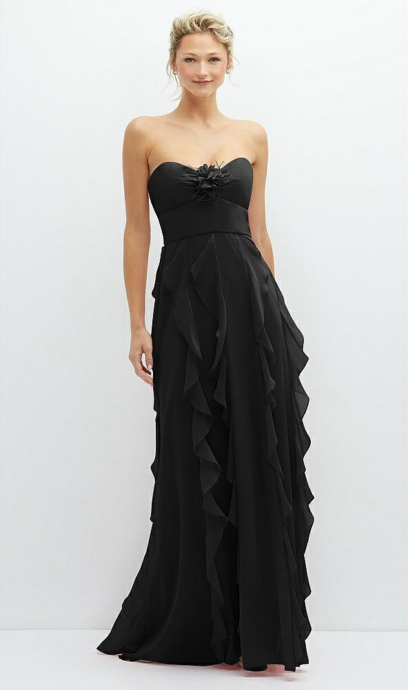 Front View - Black Strapless Vertical Ruffle Chiffon Maxi Dress with Flower Detail