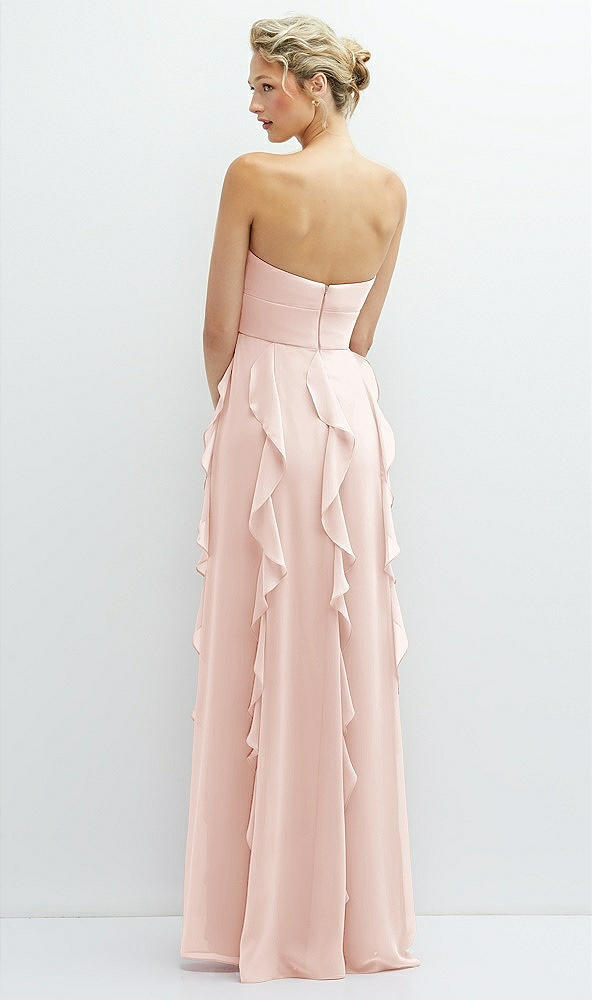 Back View - Blush Strapless Vertical Ruffle Chiffon Maxi Dress with Flower Detail