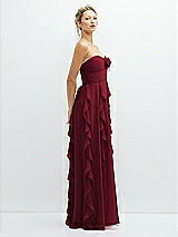 Side View Thumbnail - Burgundy Strapless Vertical Ruffle Chiffon Maxi Dress with Flower Detail