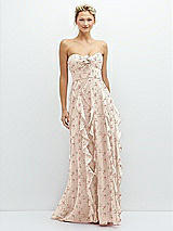 Front View Thumbnail - Coquette Floral Print Strapless Vertical Ruffle Chiffon Maxi Dress with Flower Detail