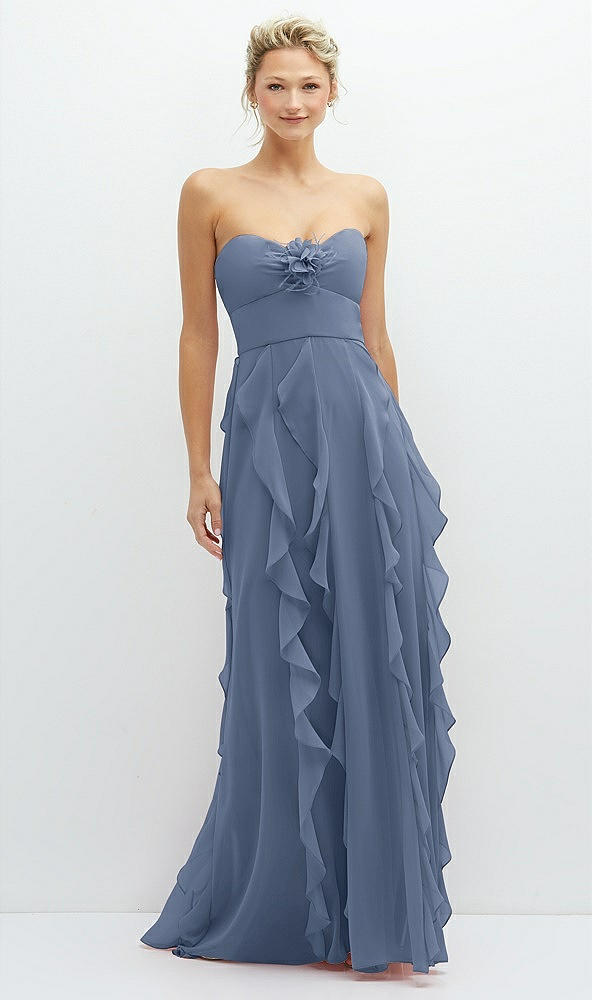 Front View - Larkspur Blue Strapless Vertical Ruffle Chiffon Maxi Dress with Flower Detail