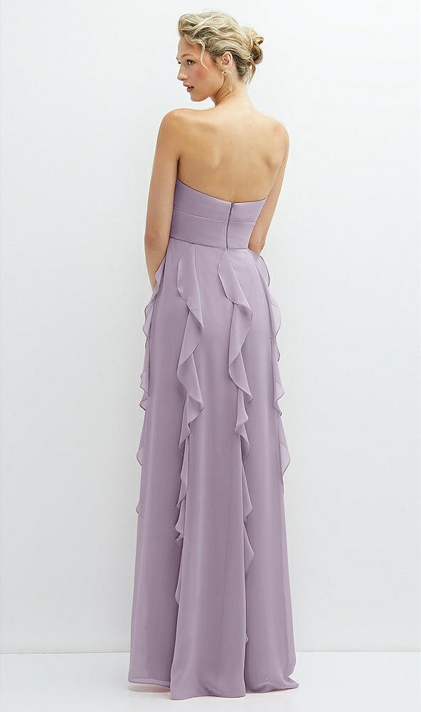 Back View - Lilac Haze Strapless Vertical Ruffle Chiffon Maxi Dress with Flower Detail