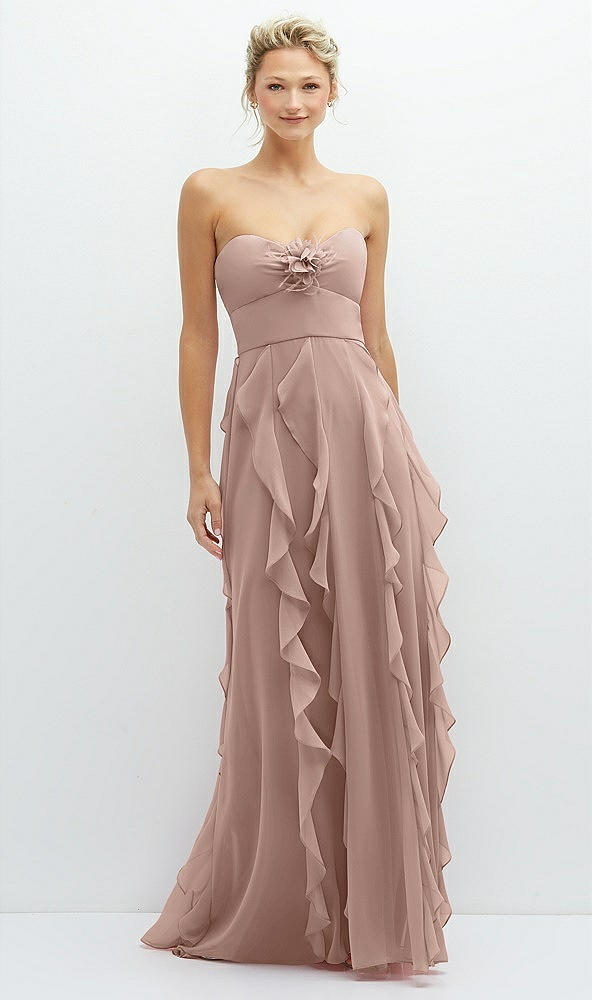 Front View - Neu Nude Strapless Vertical Ruffle Chiffon Maxi Dress with Flower Detail