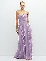 Front View Thumbnail - Pale Purple Strapless Vertical Ruffle Chiffon Maxi Dress with Flower Detail