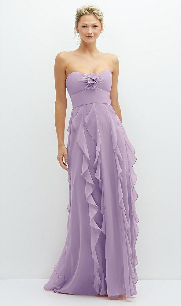 Front View - Pale Purple Strapless Vertical Ruffle Chiffon Maxi Dress with Flower Detail