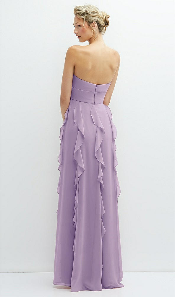 Back View - Pale Purple Strapless Vertical Ruffle Chiffon Maxi Dress with Flower Detail