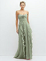 Front View Thumbnail - Sage Strapless Vertical Ruffle Chiffon Maxi Dress with Flower Detail