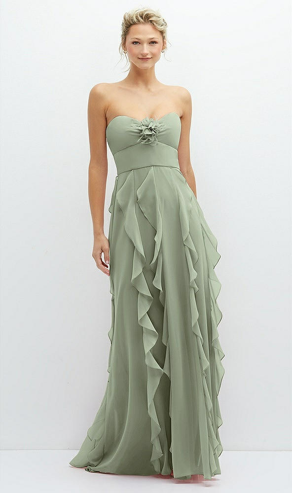 Front View - Sage Strapless Vertical Ruffle Chiffon Maxi Dress with Flower Detail