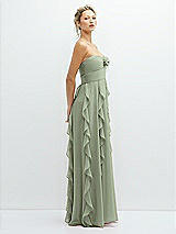 Side View Thumbnail - Sage Strapless Vertical Ruffle Chiffon Maxi Dress with Flower Detail