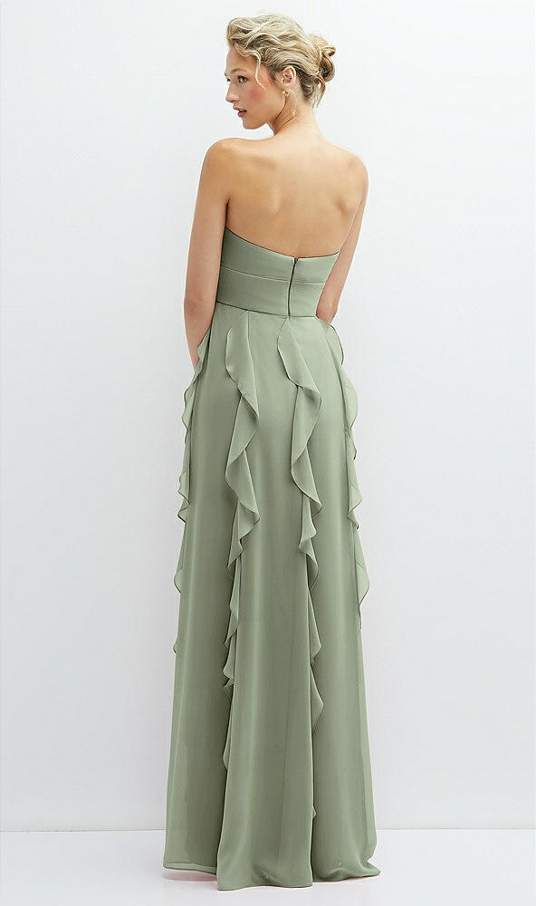 Back View - Sage Strapless Vertical Ruffle Chiffon Maxi Dress with Flower Detail