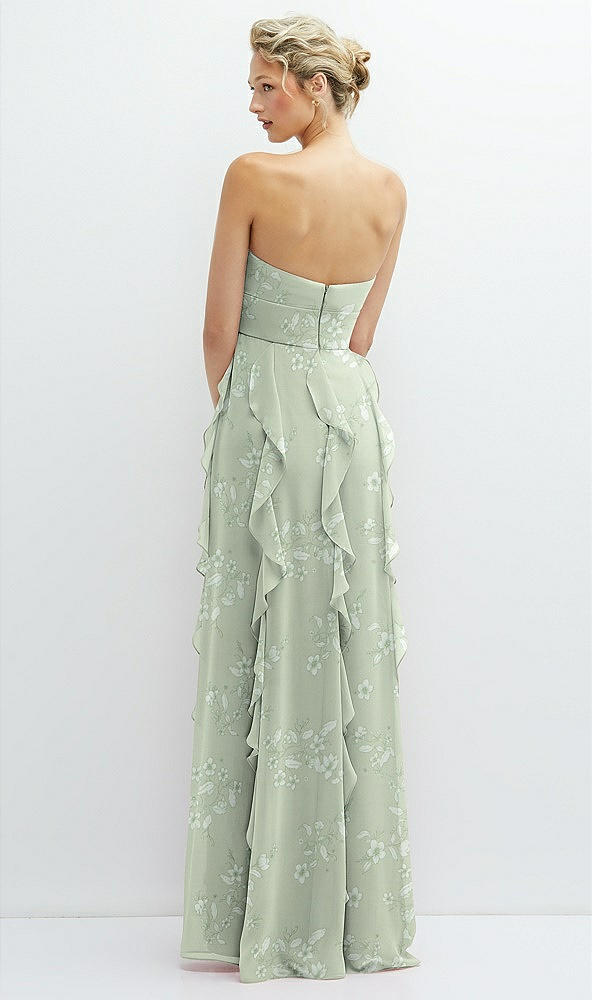 Back View - Vintage Primrose Sage Strapless Vertical Ruffle Chiffon Maxi Dress with Flower Detail