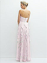 Rear View Thumbnail - Watercolor Print Strapless Vertical Ruffle Chiffon Maxi Dress with Flower Detail