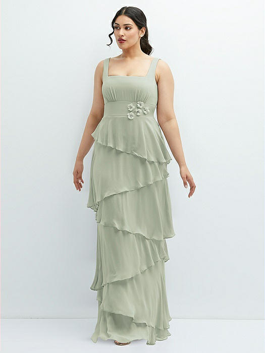 Asymmetrical Tiered Ruffle Chiffon Maxi Dress with Handworked Flowers Detail