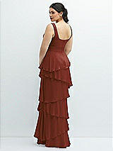 Rear View Thumbnail - Auburn Moon Asymmetrical Tiered Ruffle Chiffon Maxi Dress with Handworked Flowers Detail