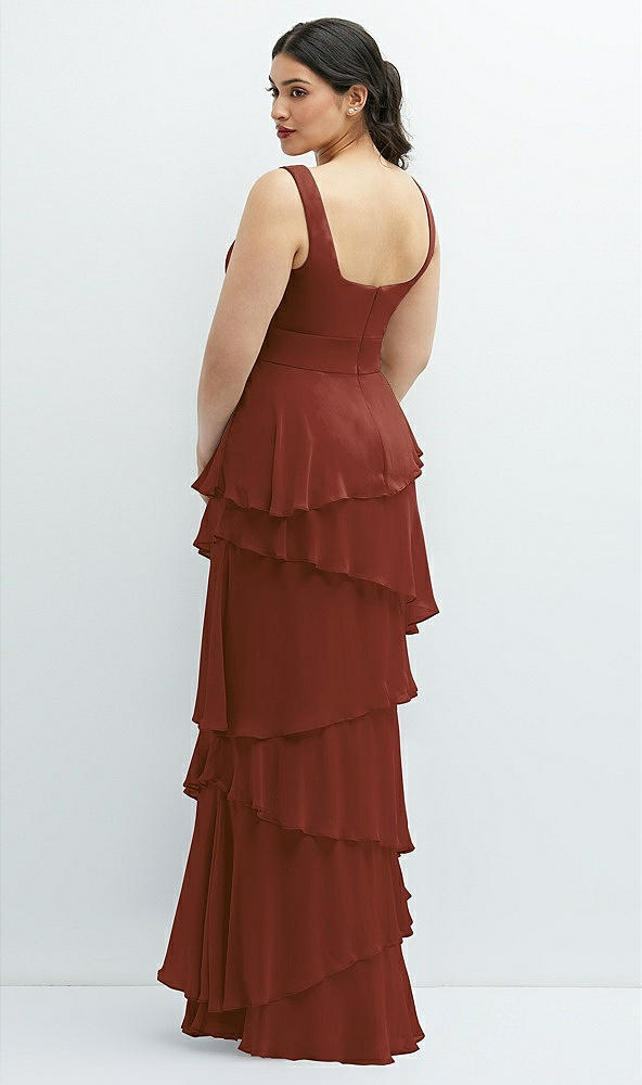 Back View - Auburn Moon Asymmetrical Tiered Ruffle Chiffon Maxi Dress with Handworked Flowers Detail