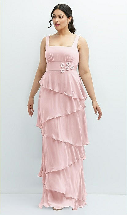 Asymmetrical Tiered Ruffle Chiffon Maxi Bridesmaid Dress With Handworked Flowers Detail In Ballet Pink The Dessy Group