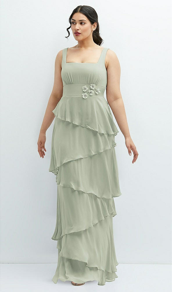 Front View - Celadon Asymmetrical Tiered Ruffle Chiffon Maxi Dress with Handworked Flowers Detail