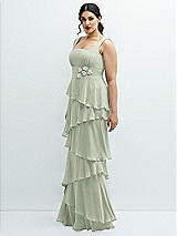 Side View Thumbnail - Celadon Asymmetrical Tiered Ruffle Chiffon Maxi Dress with Handworked Flowers Detail