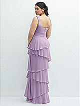 Rear View Thumbnail - Pale Purple Asymmetrical Tiered Ruffle Chiffon Maxi Dress with Handworked Flowers Detail