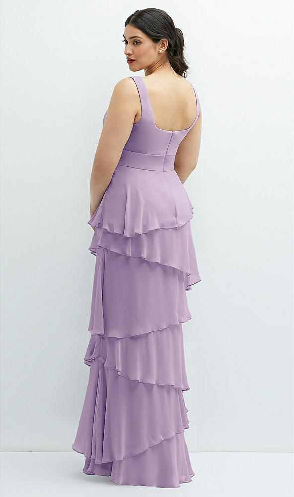 Back View - Pale Purple Asymmetrical Tiered Ruffle Chiffon Maxi Dress with Handworked Flowers Detail