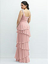 Rear View Thumbnail - Rose - PANTONE Rose Quartz Asymmetrical Tiered Ruffle Chiffon Maxi Dress with Handworked Flowers Detail