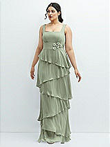 Front View Thumbnail - Sage Asymmetrical Tiered Ruffle Chiffon Maxi Dress with Handworked Flowers Detail