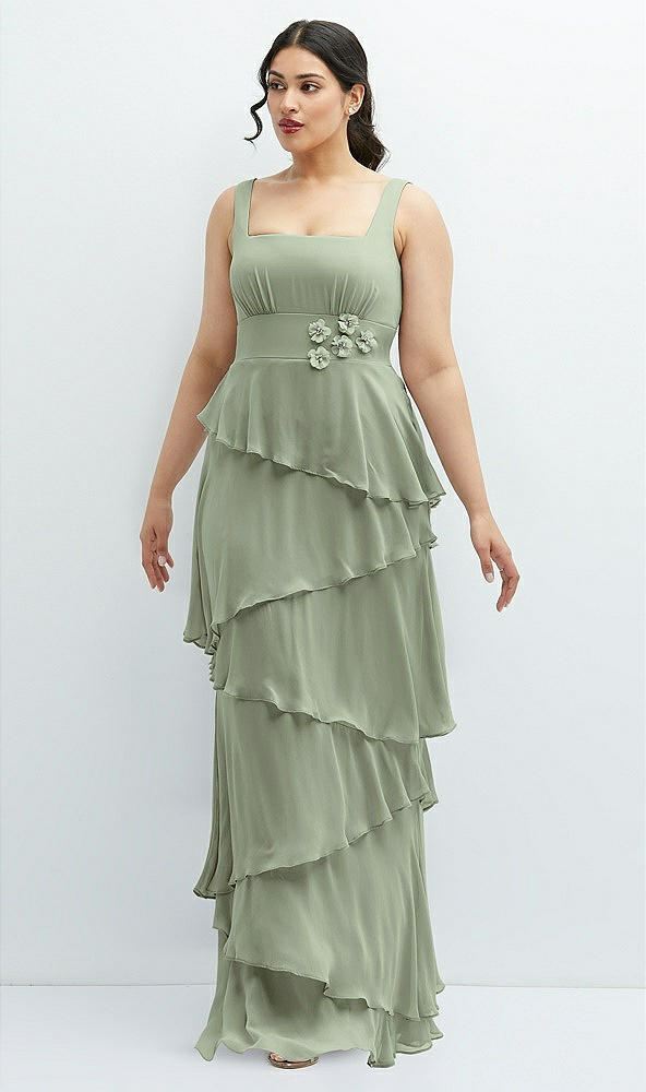 Front View - Sage Asymmetrical Tiered Ruffle Chiffon Maxi Dress with Handworked Flowers Detail