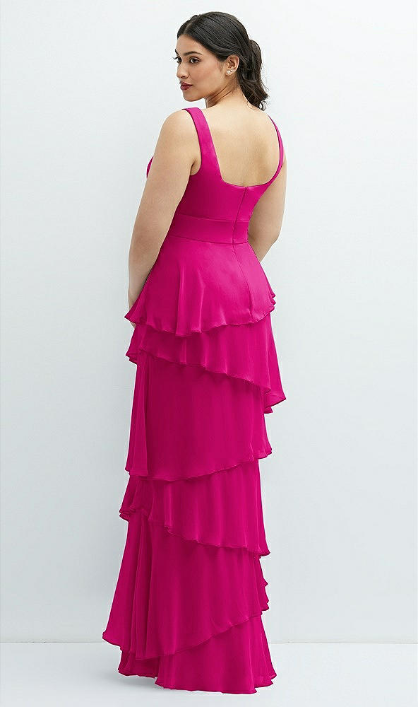 Back View - Think Pink Asymmetrical Tiered Ruffle Chiffon Maxi Dress with Handworked Flowers Detail