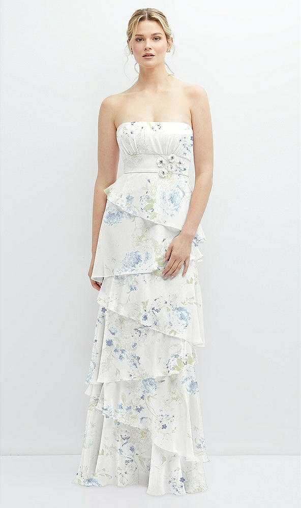 Front View - Bleu Garden Strapless Asymmetrical Tiered Ruffle Chiffon Maxi Dress with Handworked Flower Detail