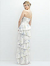 Rear View Thumbnail - Bleu Garden Strapless Asymmetrical Tiered Ruffle Chiffon Maxi Dress with Handworked Flower Detail