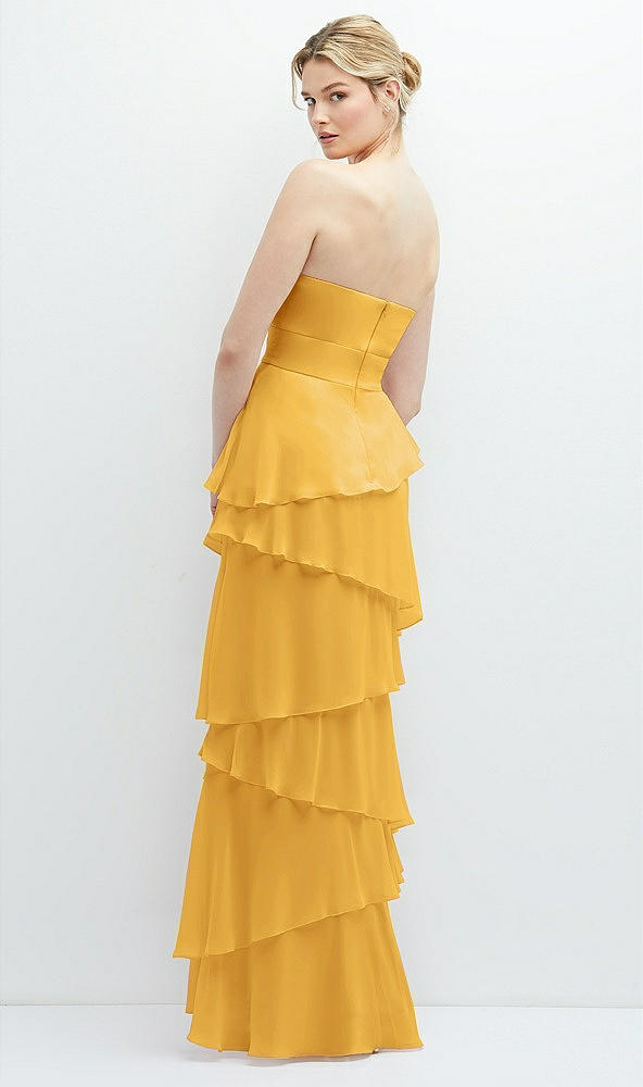 Back View - NYC Yellow Strapless Asymmetrical Tiered Ruffle Chiffon Maxi Dress with Handworked Flower Detail