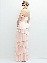 Rear View Thumbnail - Blush Strapless Asymmetrical Tiered Ruffle Chiffon Maxi Dress with Handworked Flower Detail