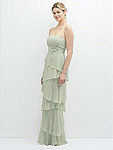 Side View Thumbnail - Celadon Strapless Asymmetrical Tiered Ruffle Chiffon Maxi Dress with Handworked Flower Detail