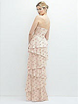 Rear View Thumbnail - Coquette Floral Print Strapless Asymmetrical Tiered Ruffle Chiffon Maxi Dress with Handworked Flower Detail