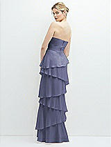 Rear View Thumbnail - French Blue Strapless Asymmetrical Tiered Ruffle Chiffon Maxi Dress with Handworked Flower Detail